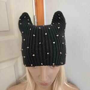 SPIKE Cat Ears Studded Knit Beanie Hat Woman's Size OS